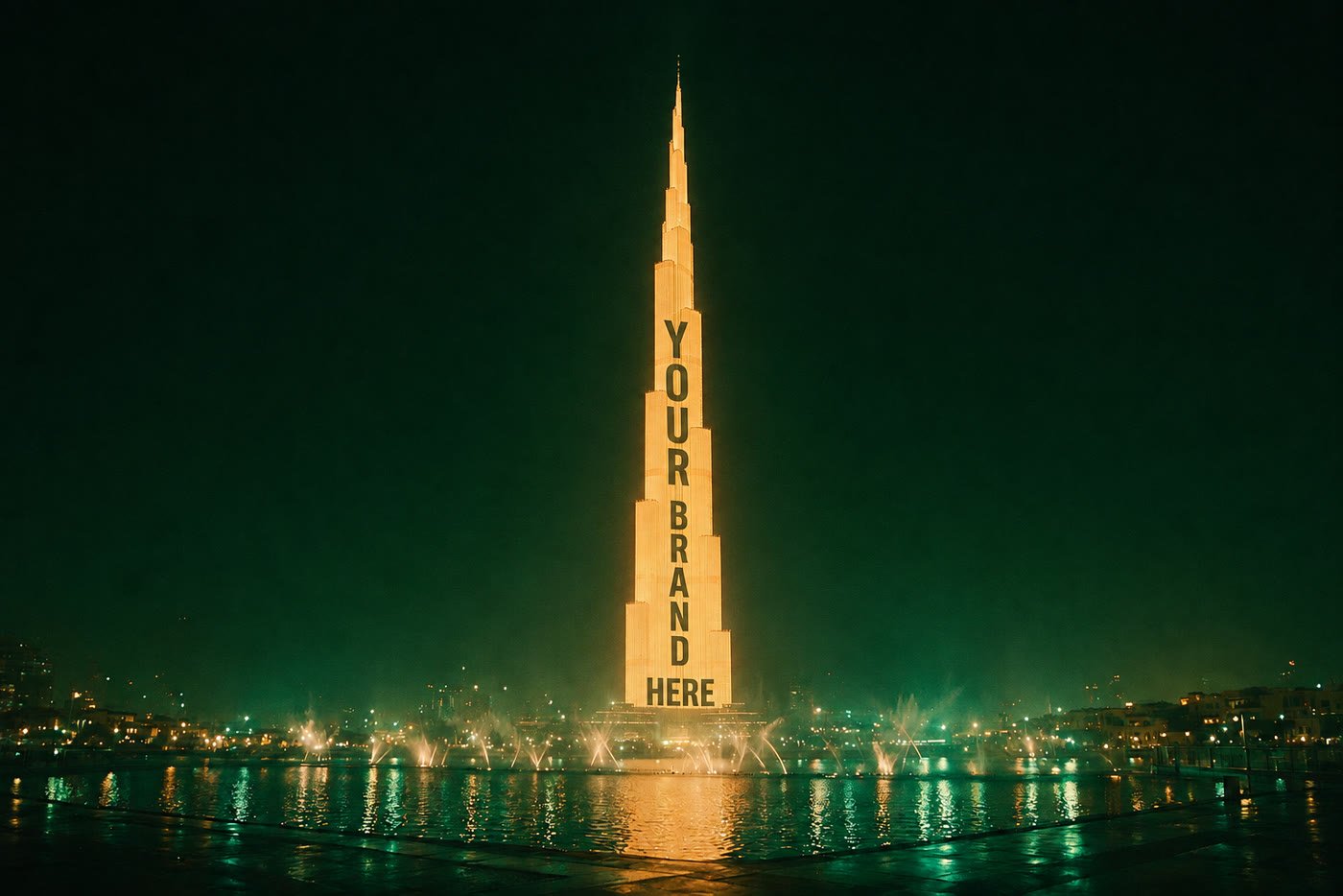 A placeholder ad lit on the face of the Burj Khalifa, Dubai