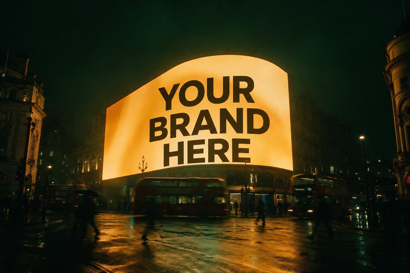 A placeholder ad on the curved screen above Piccadilly Circus, London
